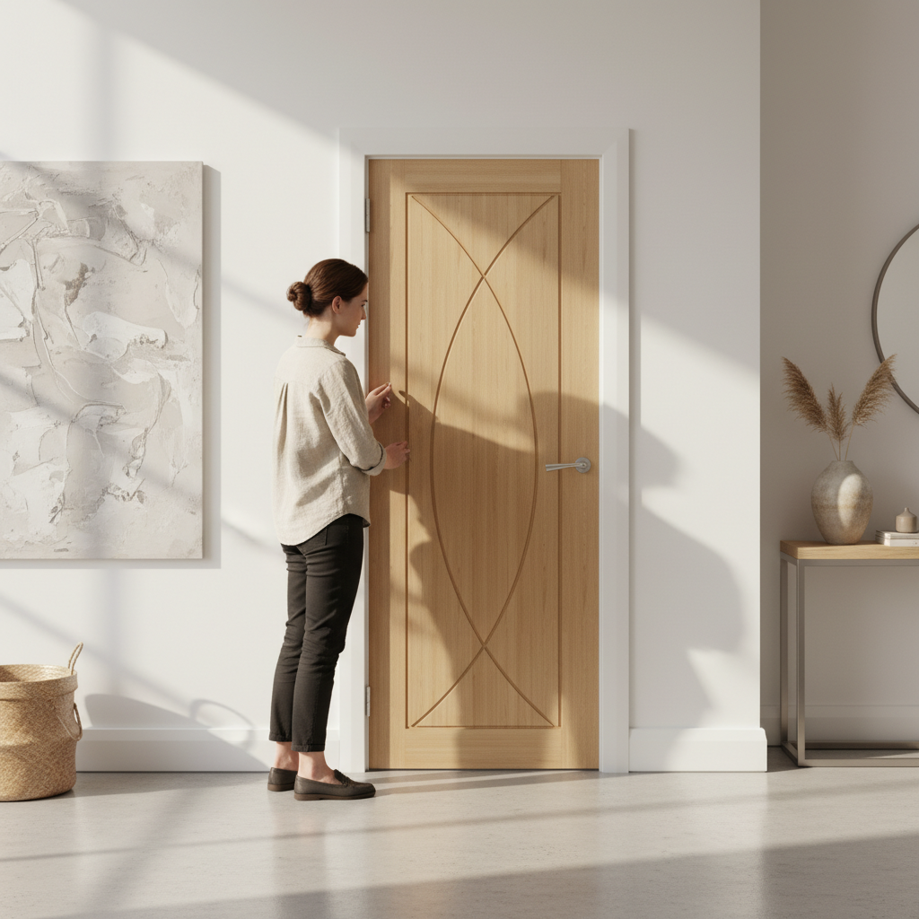 Premium Oak Interior Door with Symmetrical Design and Bevelled-Cut Curves for Luxurious Aesthetics
