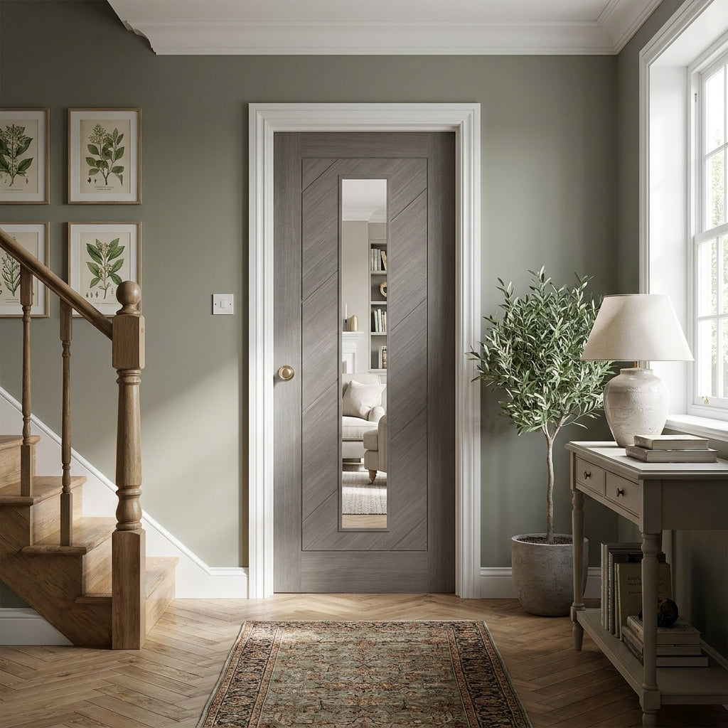 Light Grey Internal Door with Clear Glass, Fully Finished Laminate Stockholm