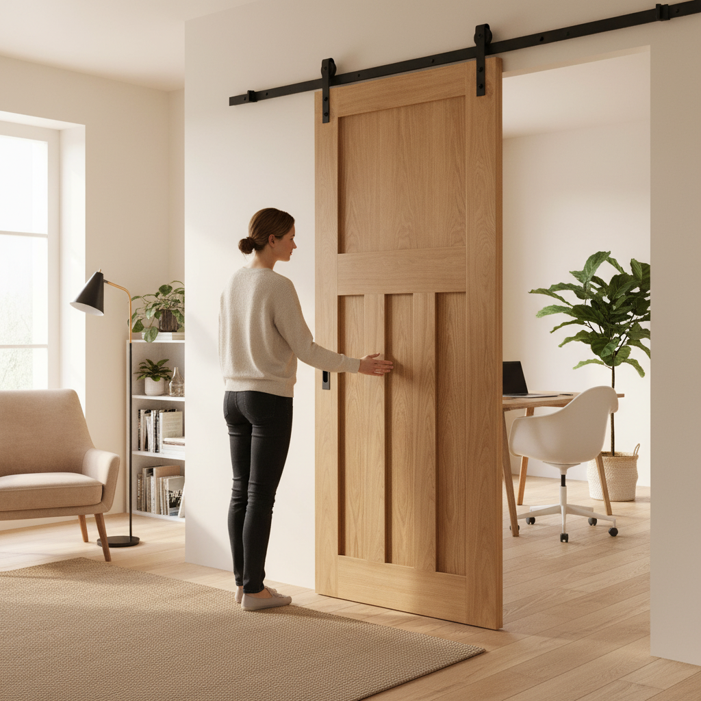 Premium Unfinished Oak 1930's DX 4 Panel Sliding Door with Top Mounted System - High-Quality Professional Grade for Industrial and Commercial Appli...