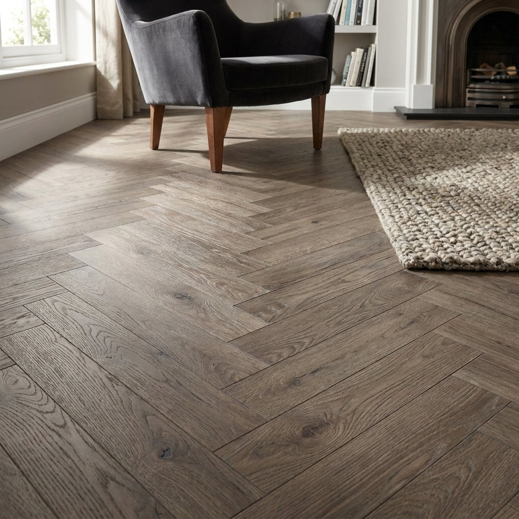 8mm Grey Oak Herringbone Laminate Flooring, Water-Resistant, 4V Bevel Edge - detail view