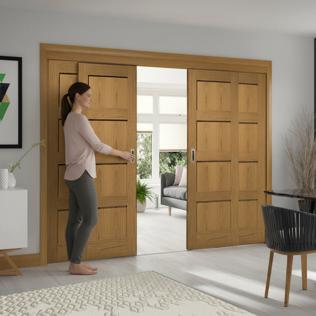 Premium Sliding French Doors with Oak Finish and Fixed End Panels for Space-Saving Room Division
