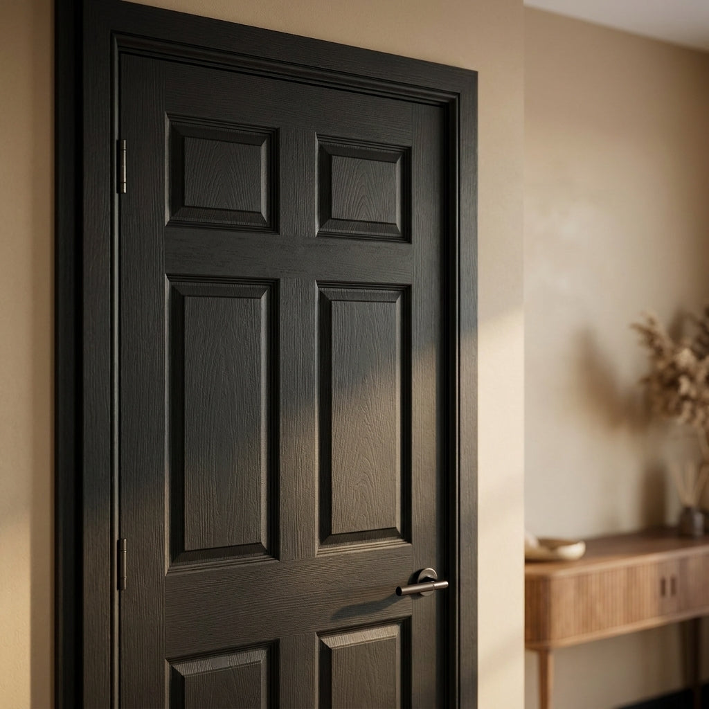 Fully Finished Black Internal 6 Panel Studio Door in Softwood - detail view