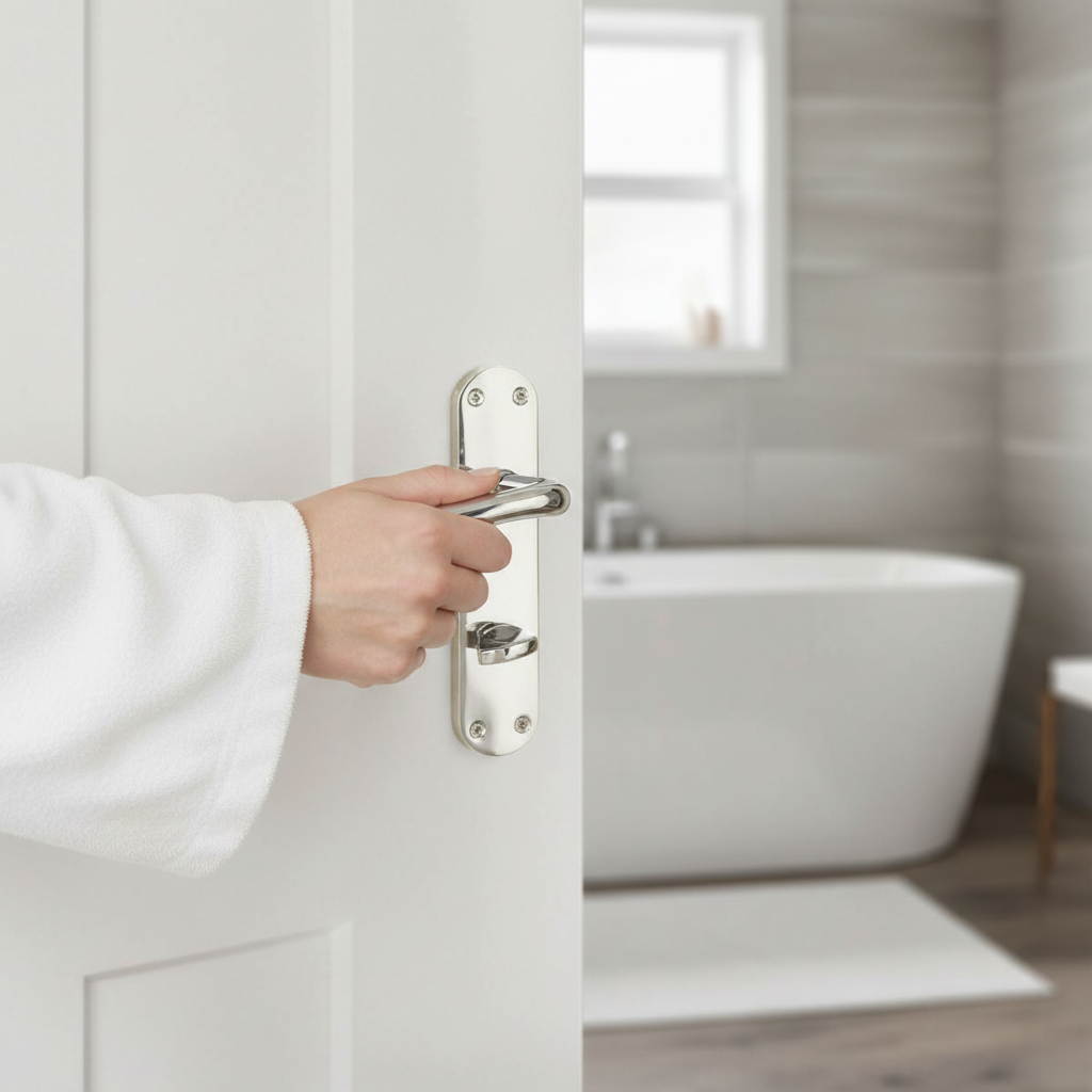 Premium Lever on Backplate Bathroom Door Handle Set with Polished Chrome Finish and Privacy Lock for Modern Elegance - Image 2