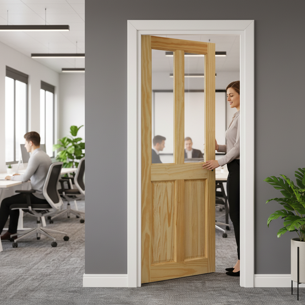 Unfinished Clear Pine Internal Door with Two Light Panels and Obscure Glass for Interior Privacy