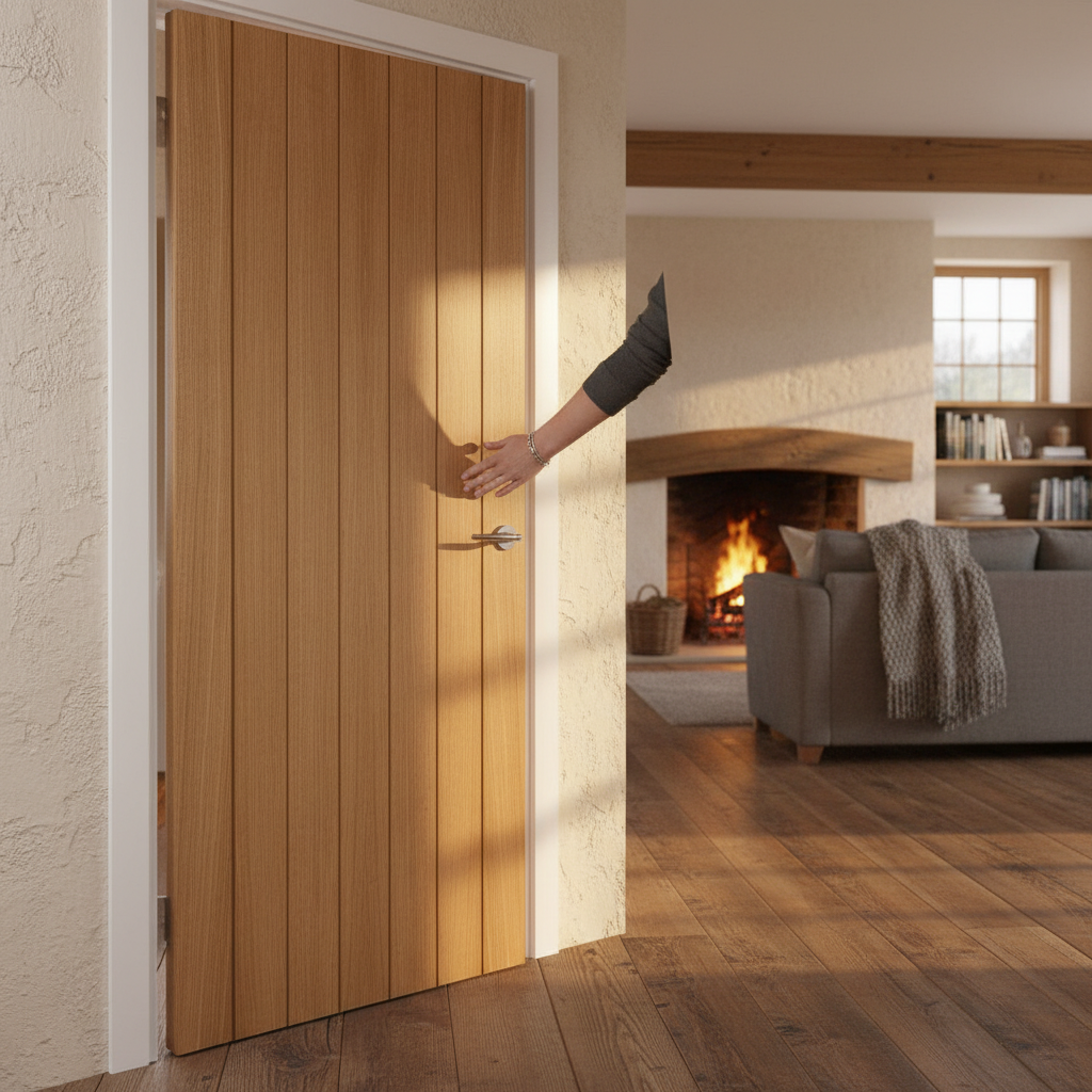 Premium Cottage Style Oak Internal Door with Vertical Grooves, Solid Core Construction and FD30 Fire Door Options