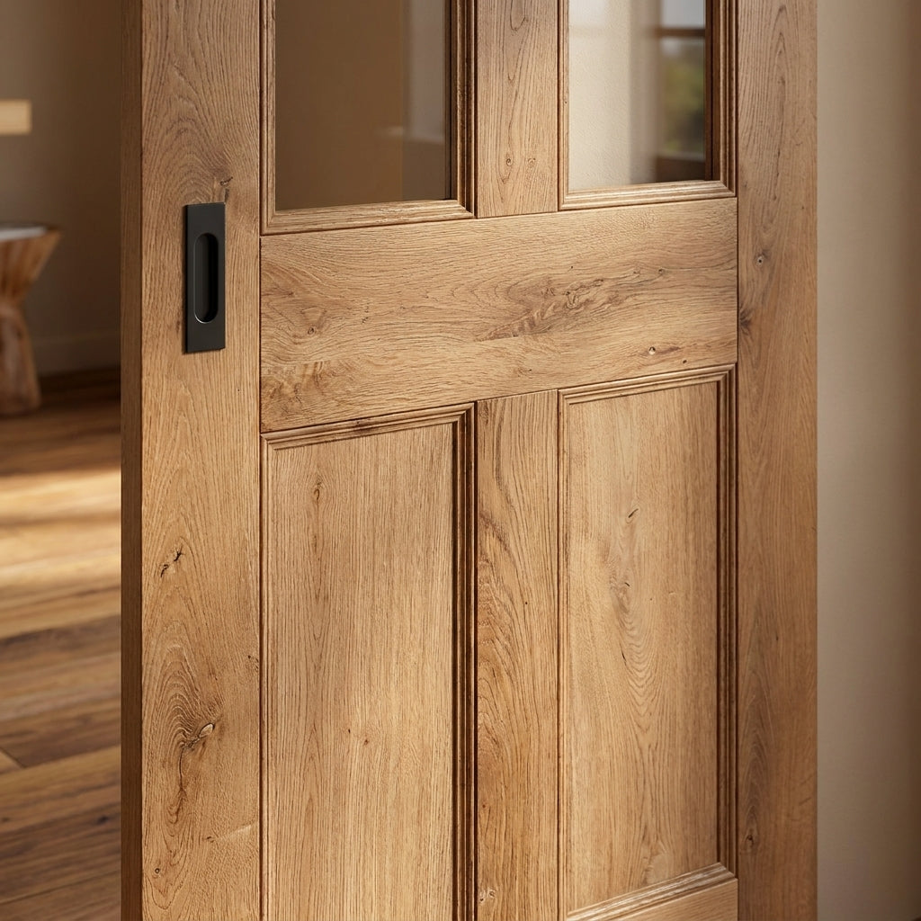 Internal Sliding Door - Rustic Oak, Fully Finished, 2 Panel, Clear Glazed - detail view