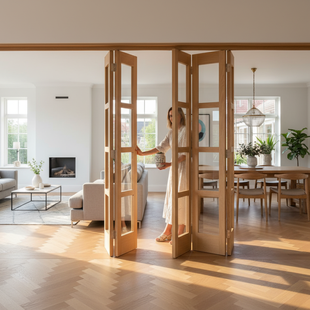 Premium 5 Leaf Bi-Folding Door Set with Clear Glazed Finish, High-Performance Hardware, and Custom Size Options