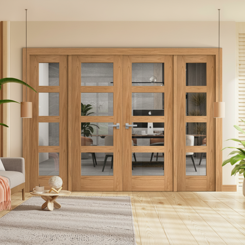 Premium Unfinished Oak Shaker 4L Clear Glass Sidelight Room Divider Set with Complete Frame Kit for Elegant Interior Design