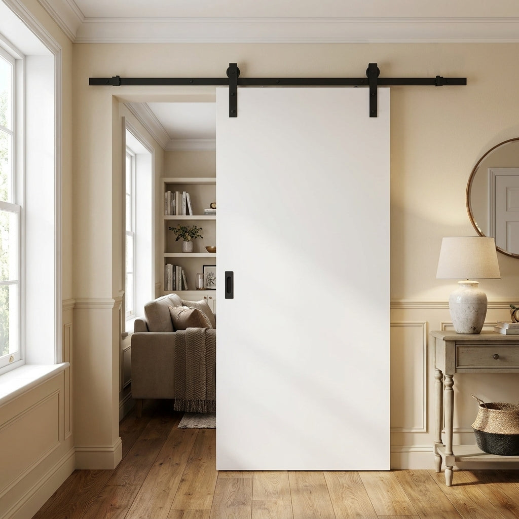 White Primed Internal Sliding Door - Flush Design with Black Face Mounted