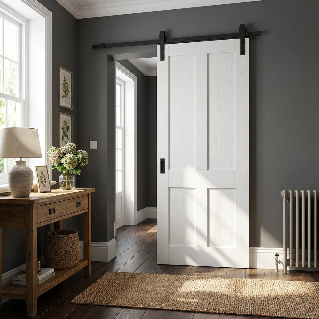 Sliding Door - White Internal Primed Victorian Shaker 4 Panel Solid Core
