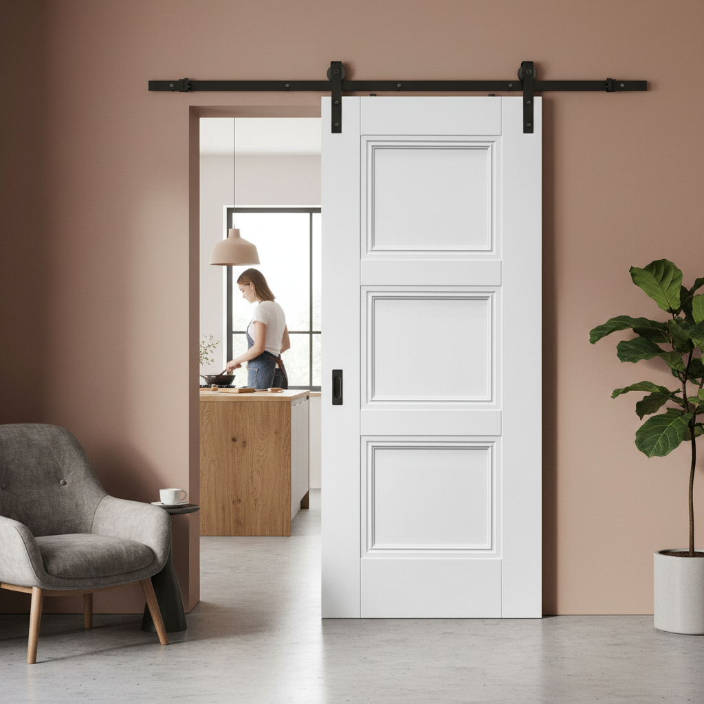 Premium Internal White Primed Elegance Sliding Door Set with Black Steel Track for Contemporary Spaces - Image 2
