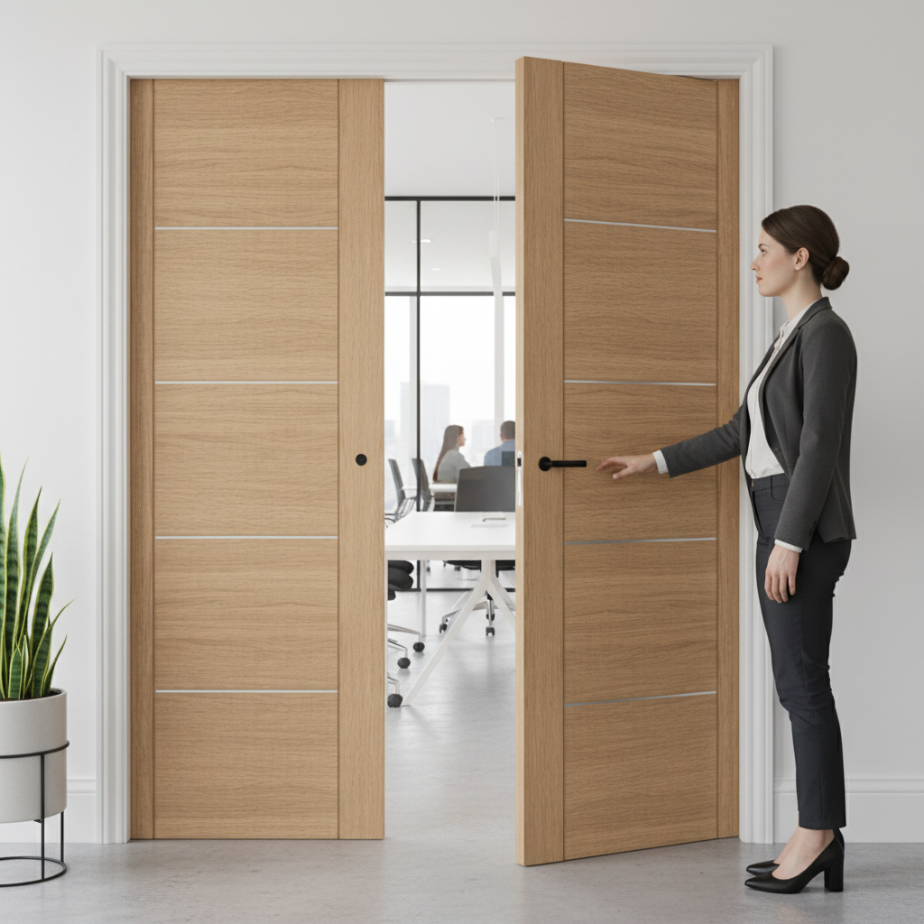 Premium Oak Double Pocket Door Set with Galvanised Steel Frame and Adjustable Jambs for Easy Installation