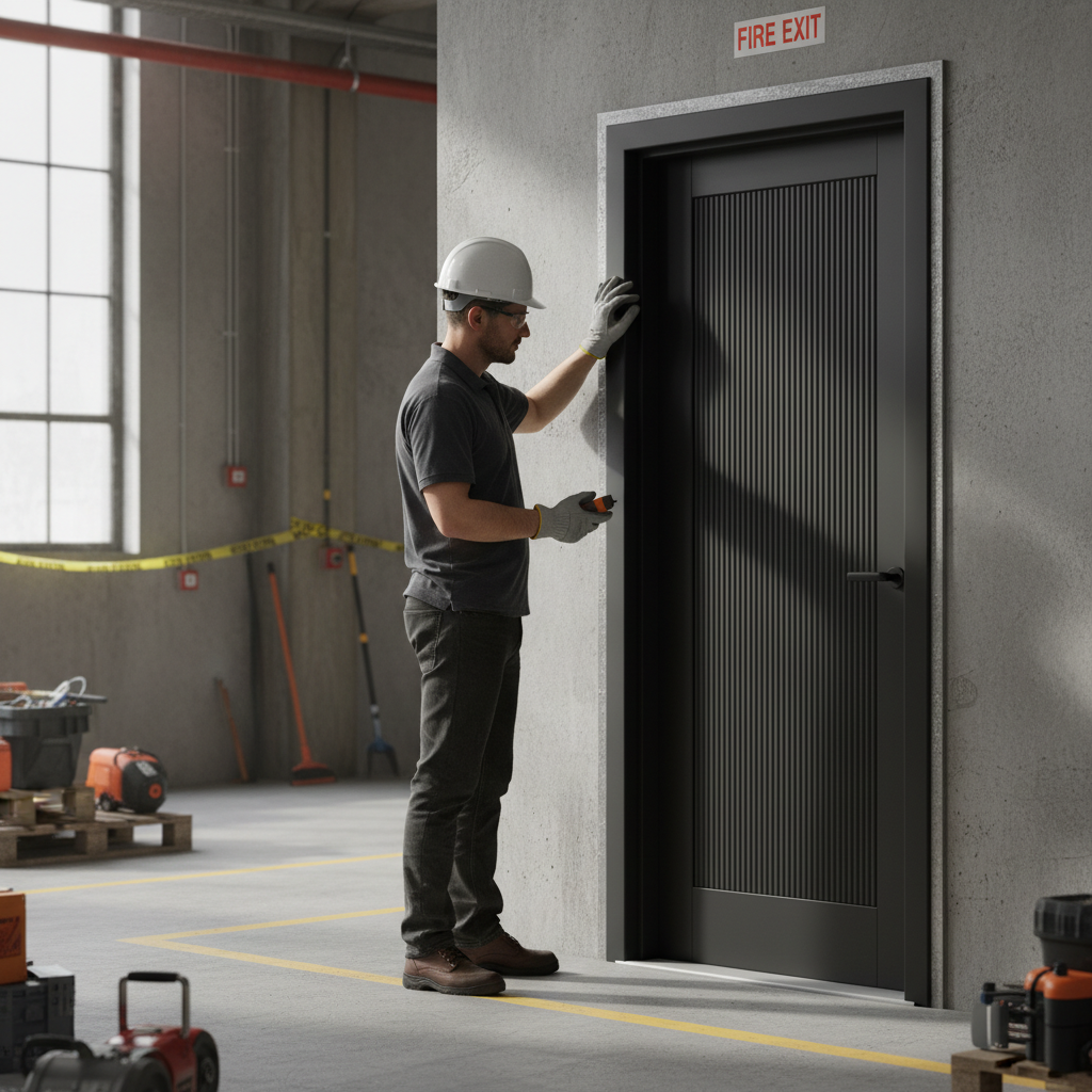 Premium Contemporary Reeded Fire Door with Black Finish and Solid Engineered Core for Enhanced Safety and Style