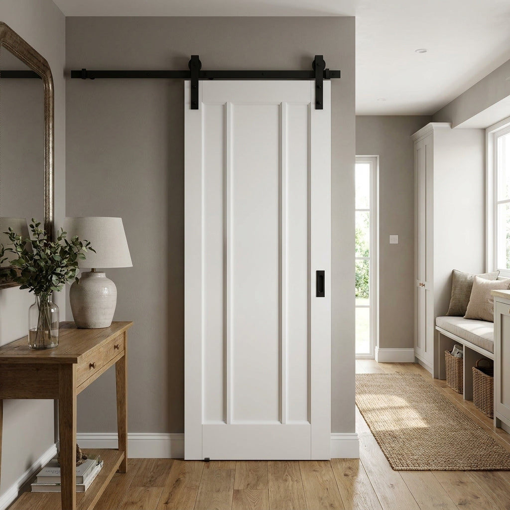 White Internal Sliding Door, Primed Finish, 3 Panel Design, Solid Core