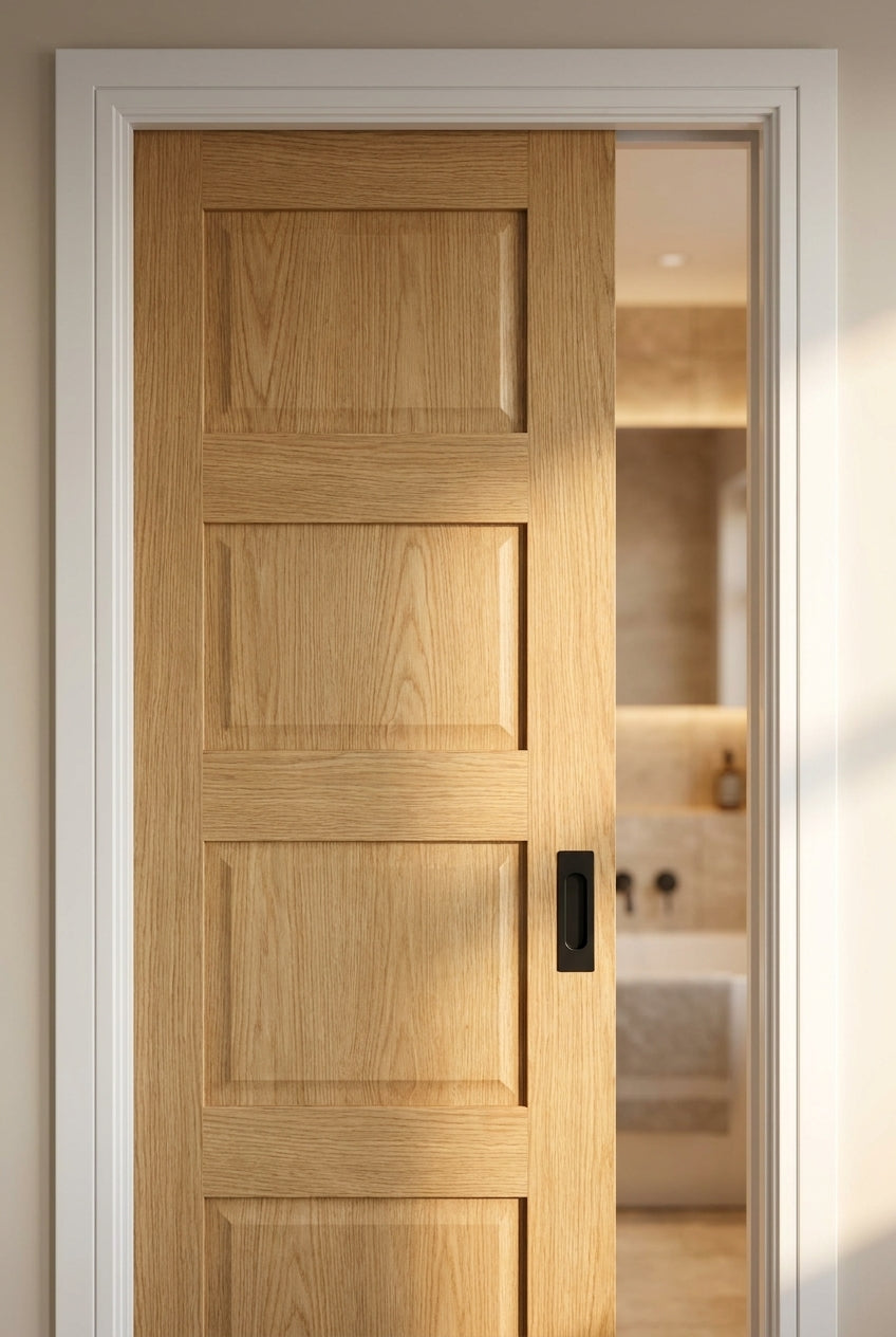 Oak Unfinished Shaker 4 Panel 100mm Pocket Door Set Internal - detail view
