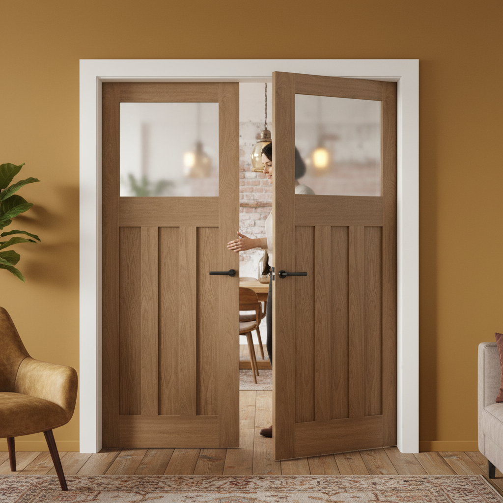 Premium Internal Oak Unfinished 1930's DX 3 Panel Door Pair with Obscure Glass for Classic Elegance and Modern Privacy - Image 2