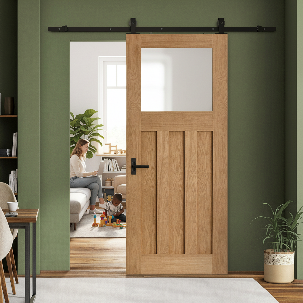 Premium Oak Internal Unfinished 1930's DX 3 Panel Sliding Door with Obscure Glass and Top Mounted Kit - Image 2