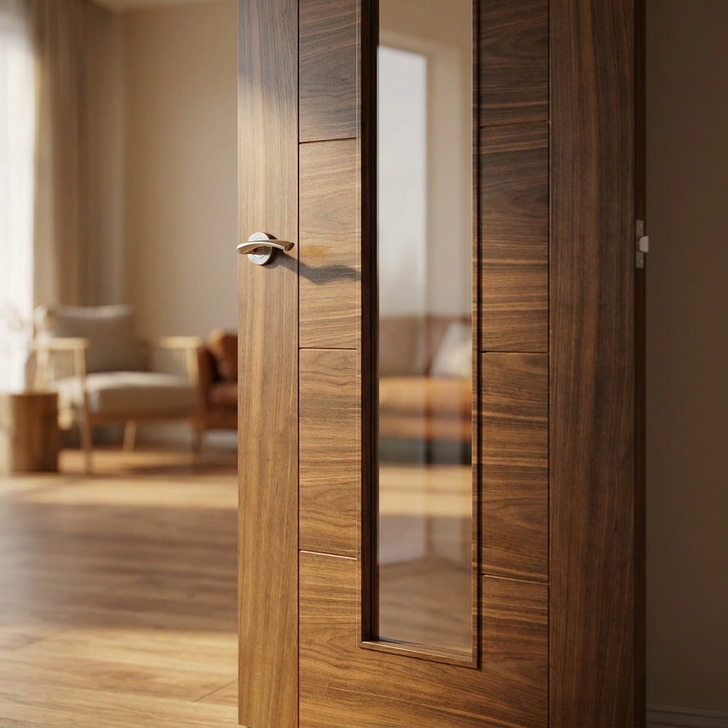 Internal Walnut Door Fully Finished with 1 Light Clear Glass - detail view