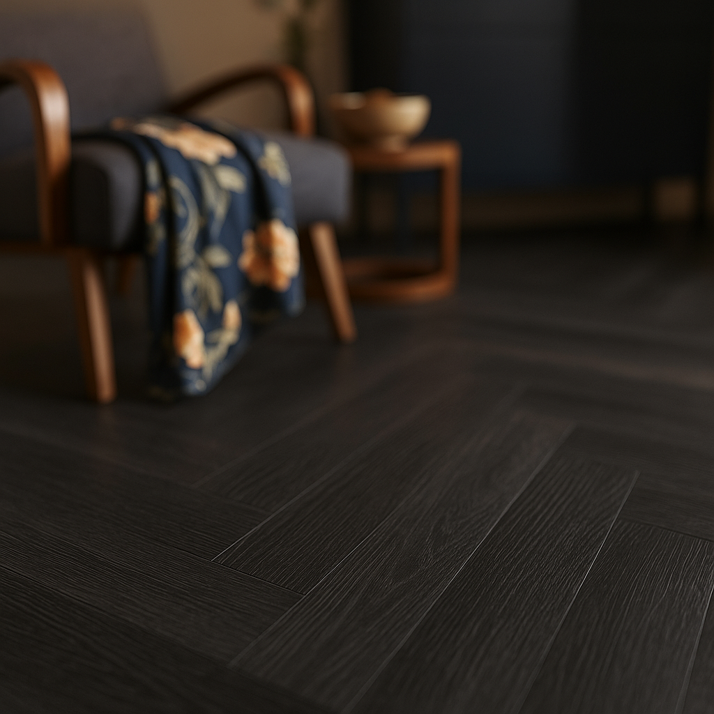 Herringbone Rigid Core LVT Flooring in Carbon Oak, 5.5mm Thickness - detail view