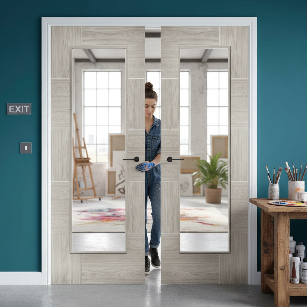 Premium Clear Glazed Door Pair with White Grey Laminate and Semi-Solid Construction for Modern Homes