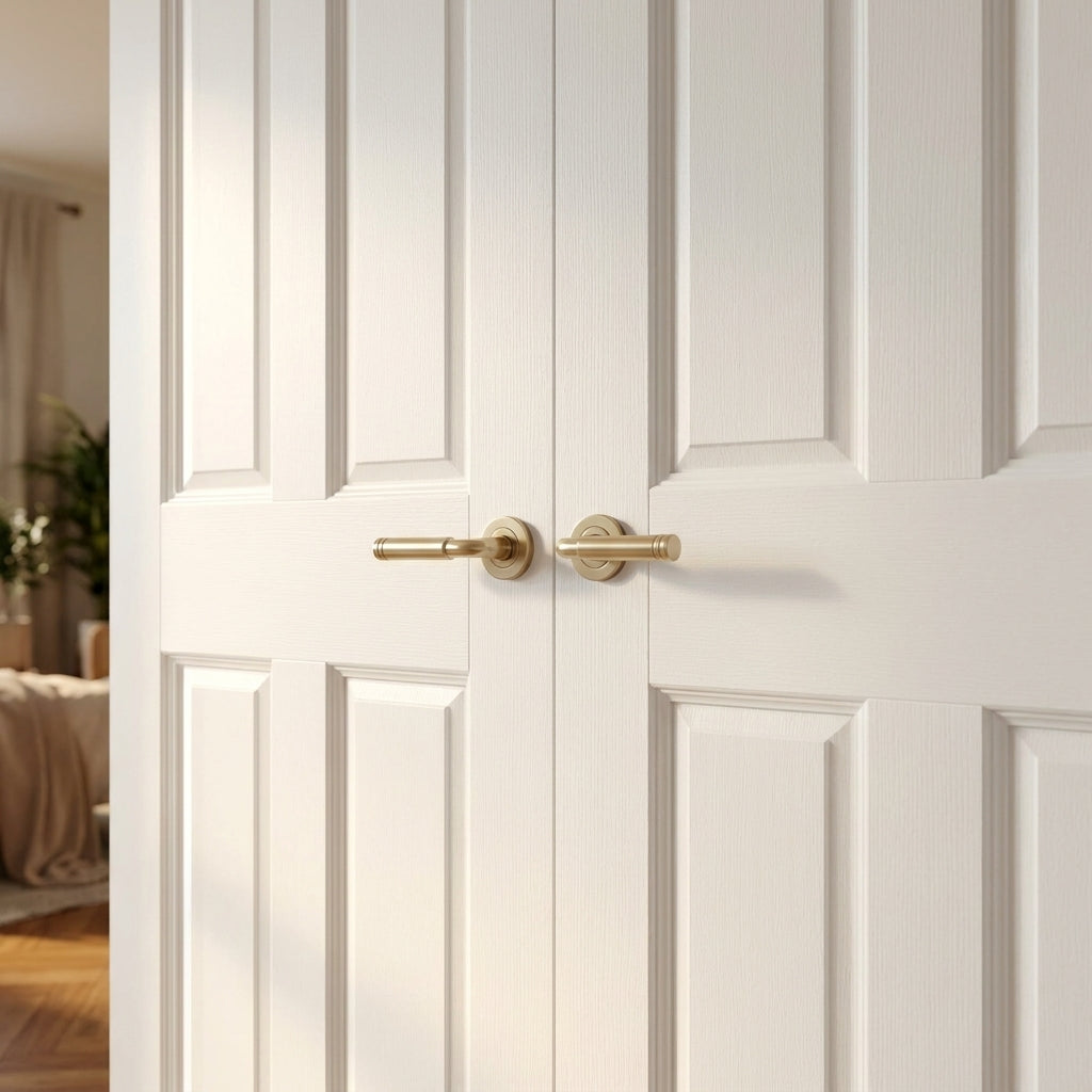 Internal Victorian Shaker 4 Panel White Primed Solid Core Door Pair - detail view