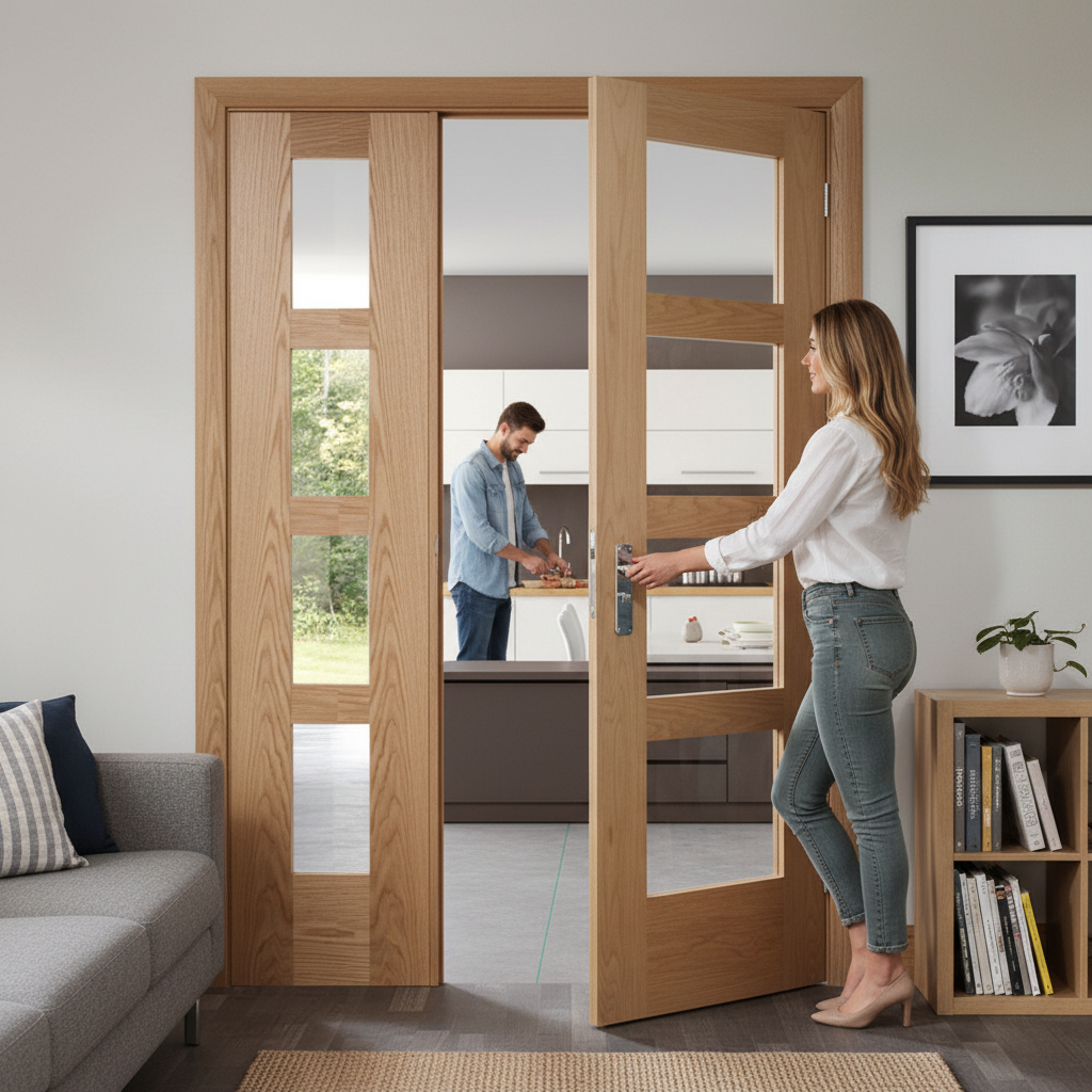 Premium Oak Room Divider with 4 Clear Glass Panels and Matching Demi Panel - Customizable Sizes