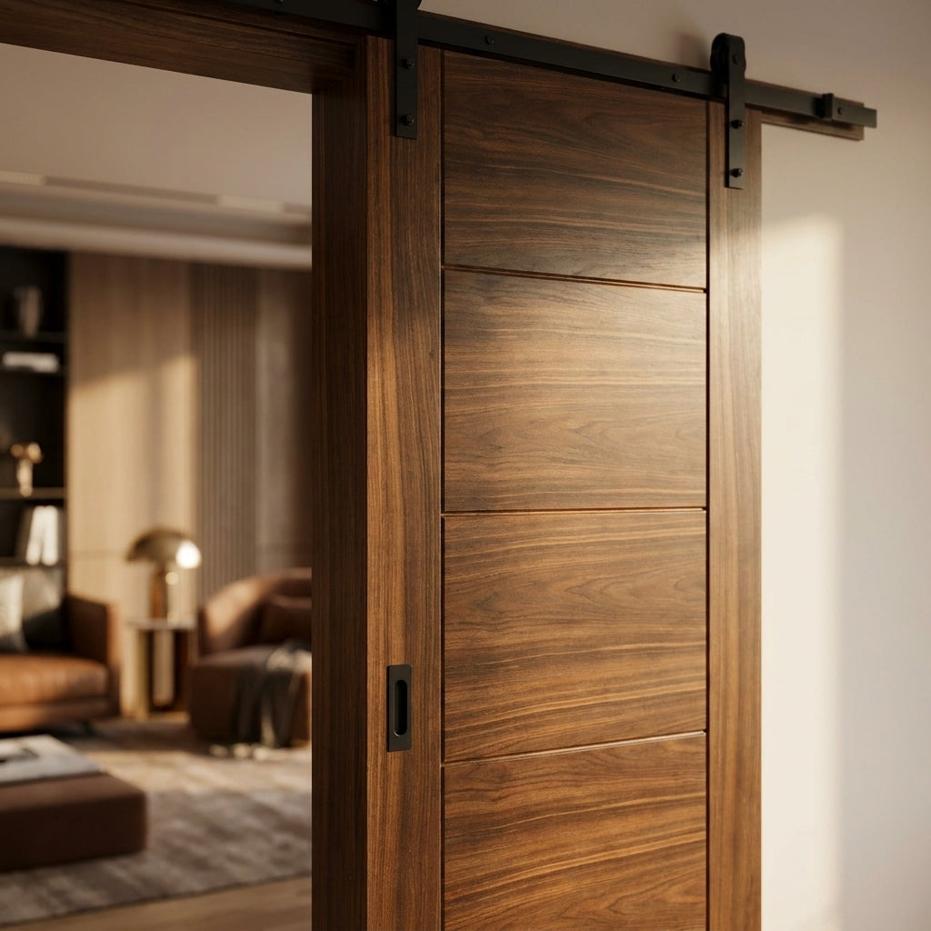 Internal Walnut Sliding Door Fully Finished Solid Core with Black Top Mount - detail view