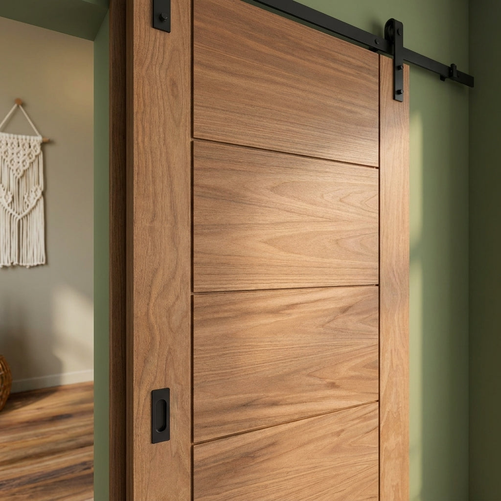 Oak Internal Sliding Door Unfinished 5 Panel Parma Design - Black Face Mounted - detail view