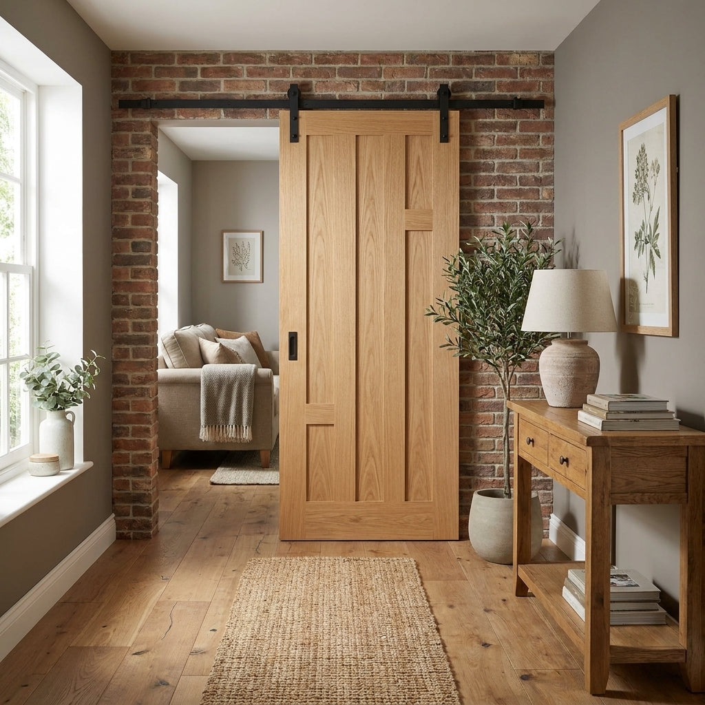 Internal Oak Sliding Door, Fully Finished, Stamford 5 Panel, Black Top Mounted