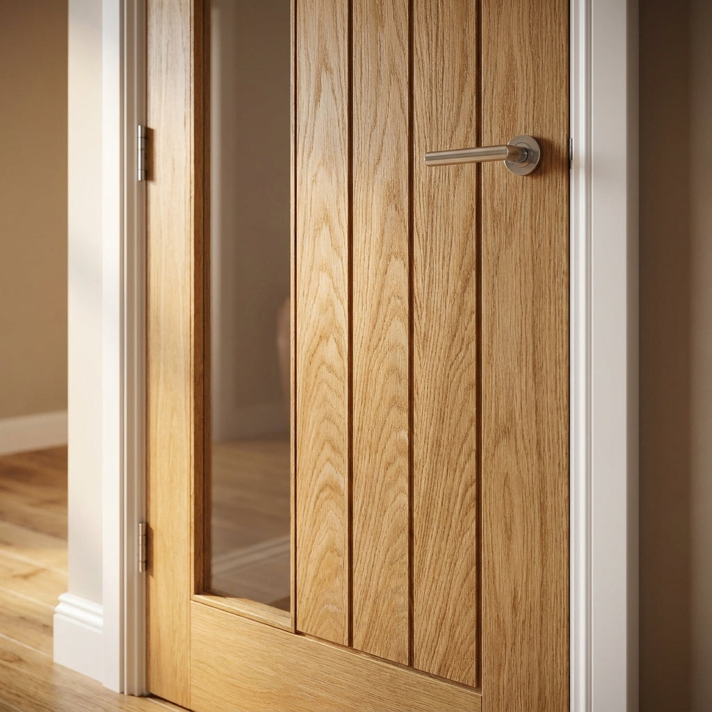 Oak Internal Door Fully Finished with Obscure Privacy Toughened Glass - detail view