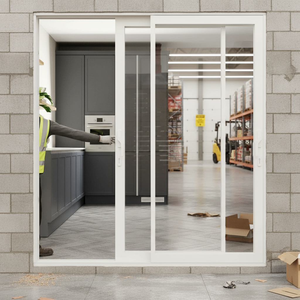 Premium 7ft White Aluminium Inline Sliding Doors with Multi-Point Locking System and Double Glazing for Enhanced Thermal Efficiency