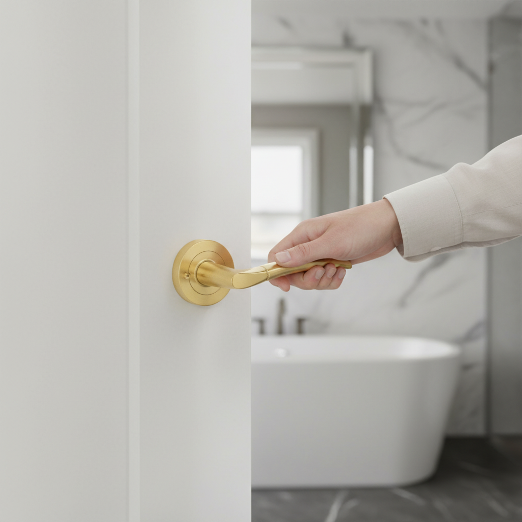 Premium Round Rose Lever Bathroom Handle Set with Satin Brass Finish for Luxurious Decor - Image 2
