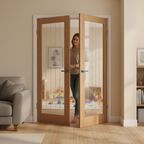 Internal Oak Fully Finished Pair Door with Obscure Lined Glass Panel for Natural Light and Privacy - Image 2