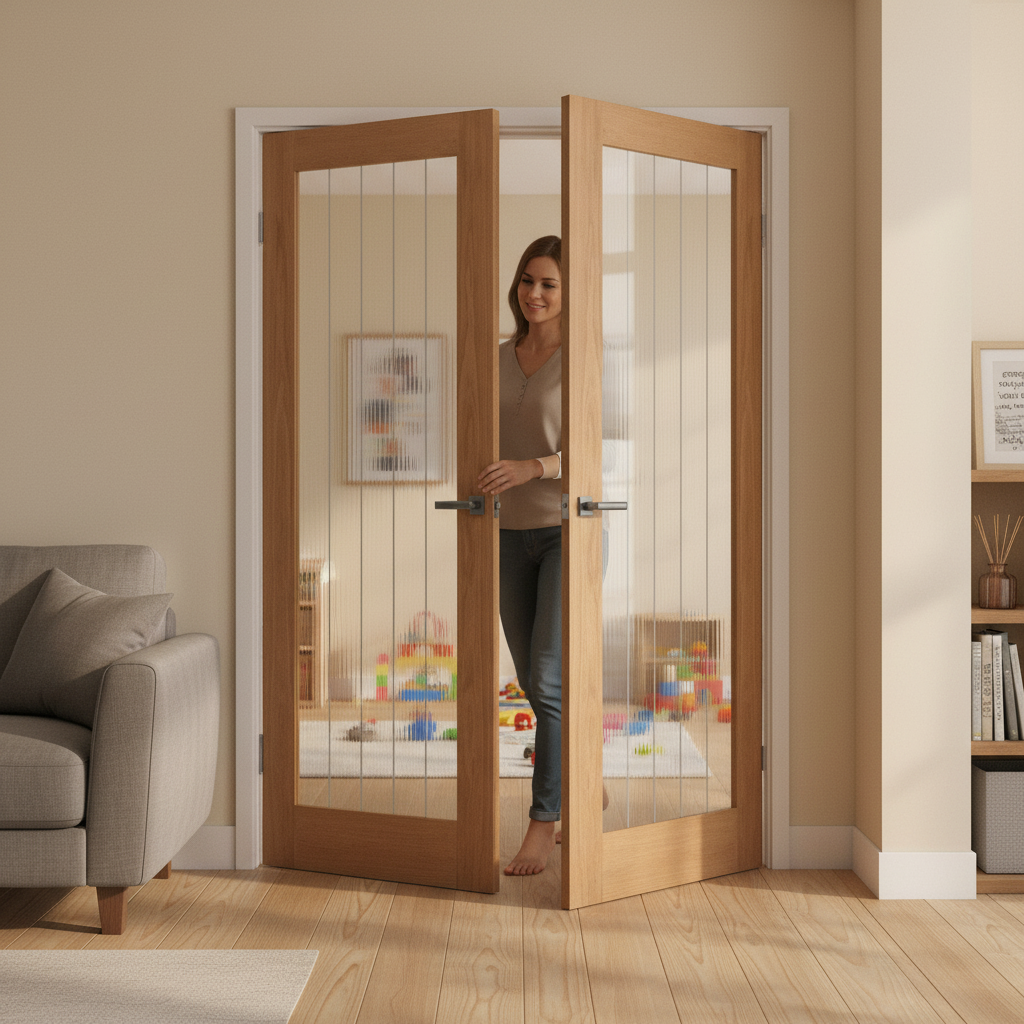 Internal Oak Fully Finished Pair Door with Obscure Lined Glass Panel for Natural Light and Privacy - Image 2