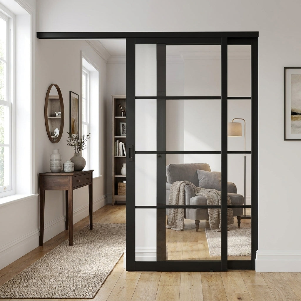 Internal Pocket Door Set, Jet Black, Fully Finished, 4 Light Clear Glass Design