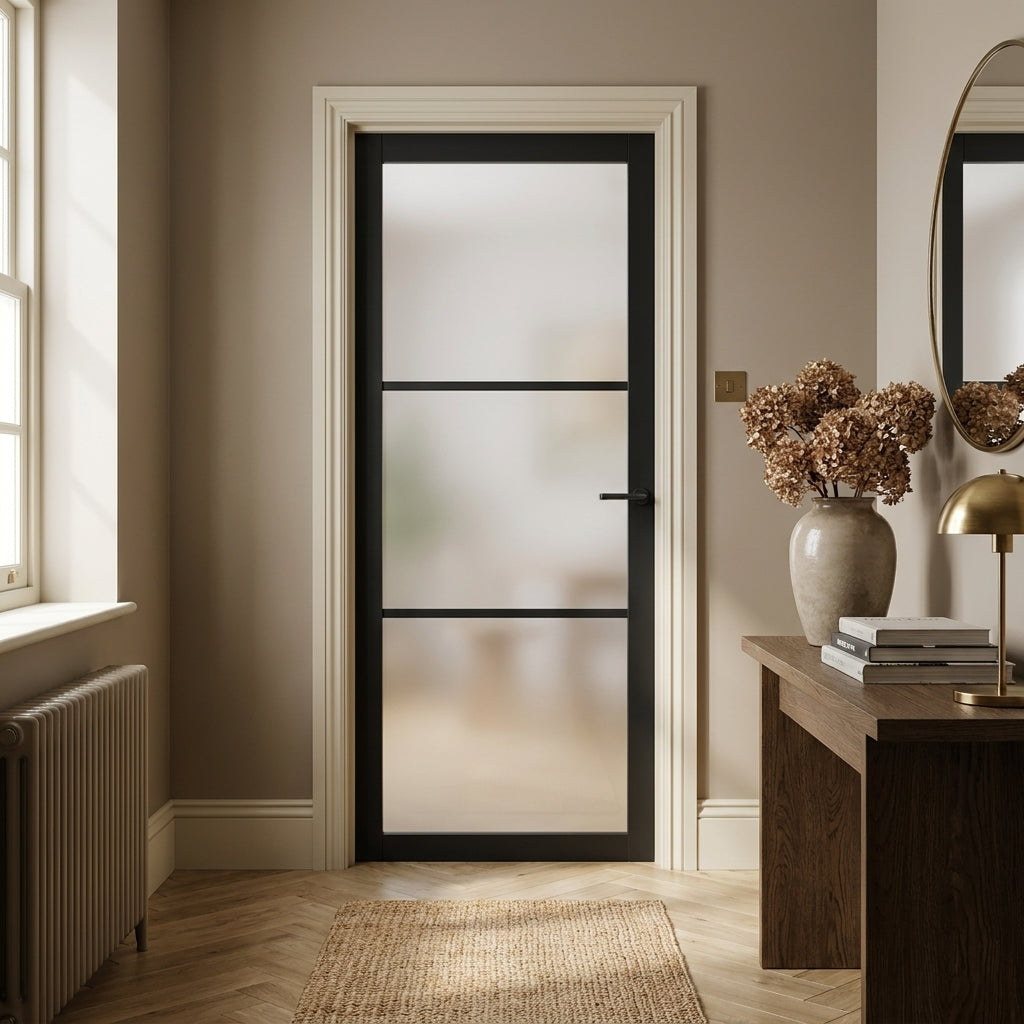 Internal Jet Black Door with 3 Light Obscure Glass, Fully Finished