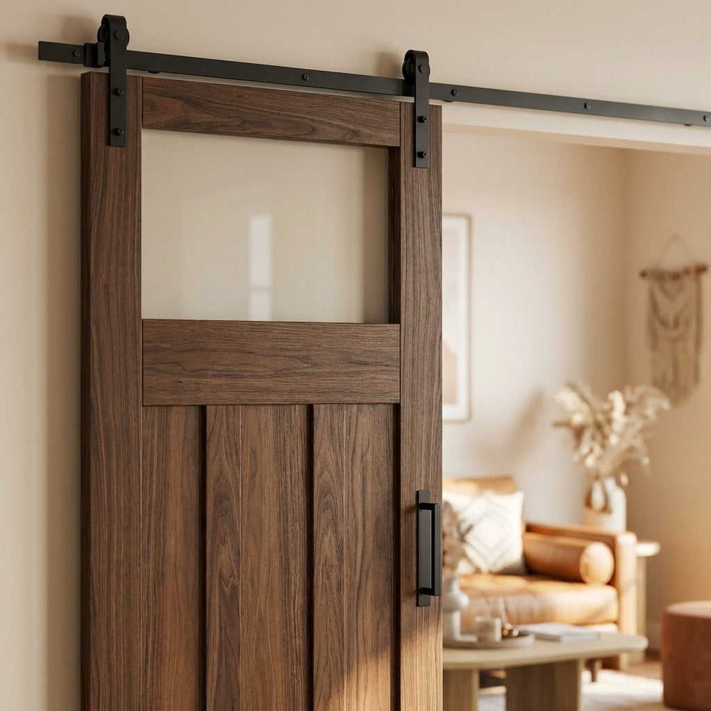 Internal Sliding Door in Walnut with Clear Glass, Fully Finished, Black Top Mounted - detail view