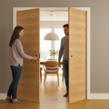 Premium Double Pocket Door Set with Five Horizontal Panels in Crown Cut Real Oak Veneer
