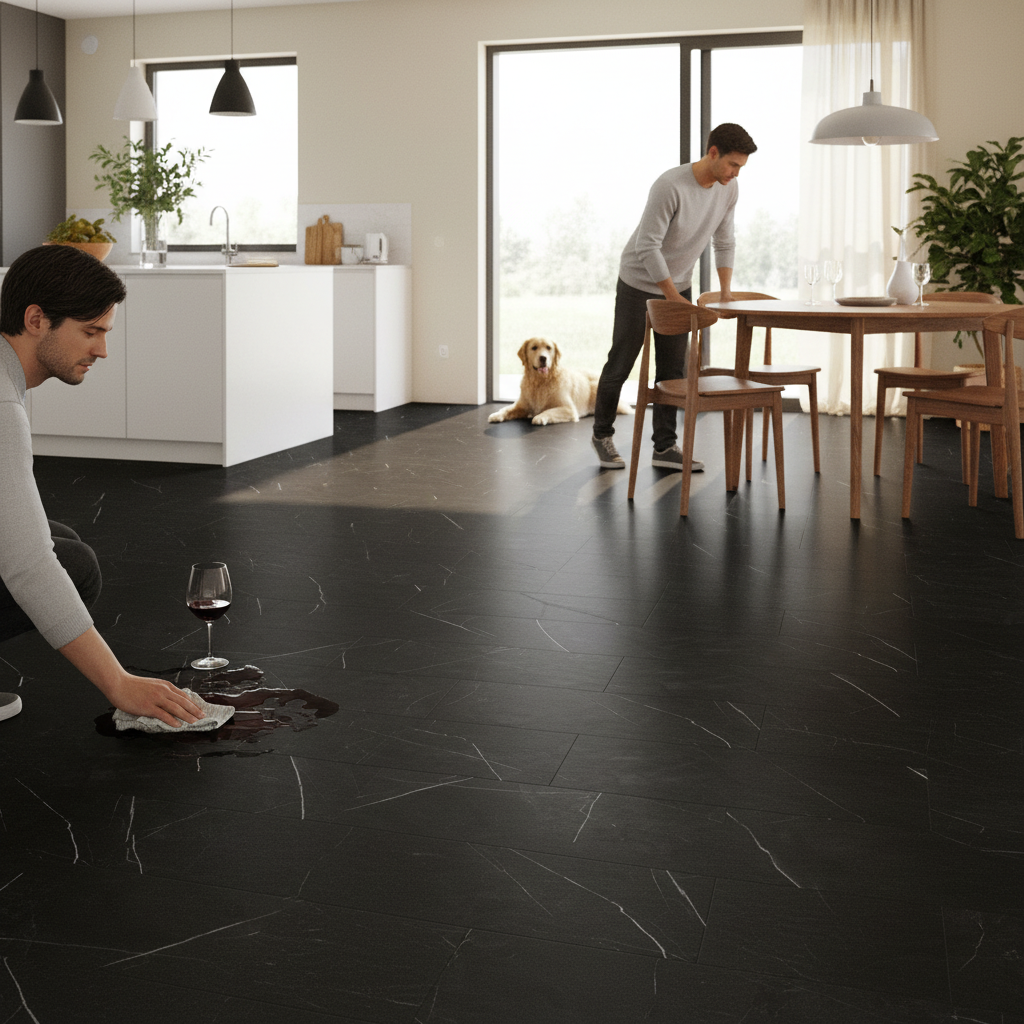 Premium 5mm Embossed Purecoat Rigid Core Vinyl Flooring in Black Marble Finish - High-Performance, Water-Proof, and Comfortable - Image 2