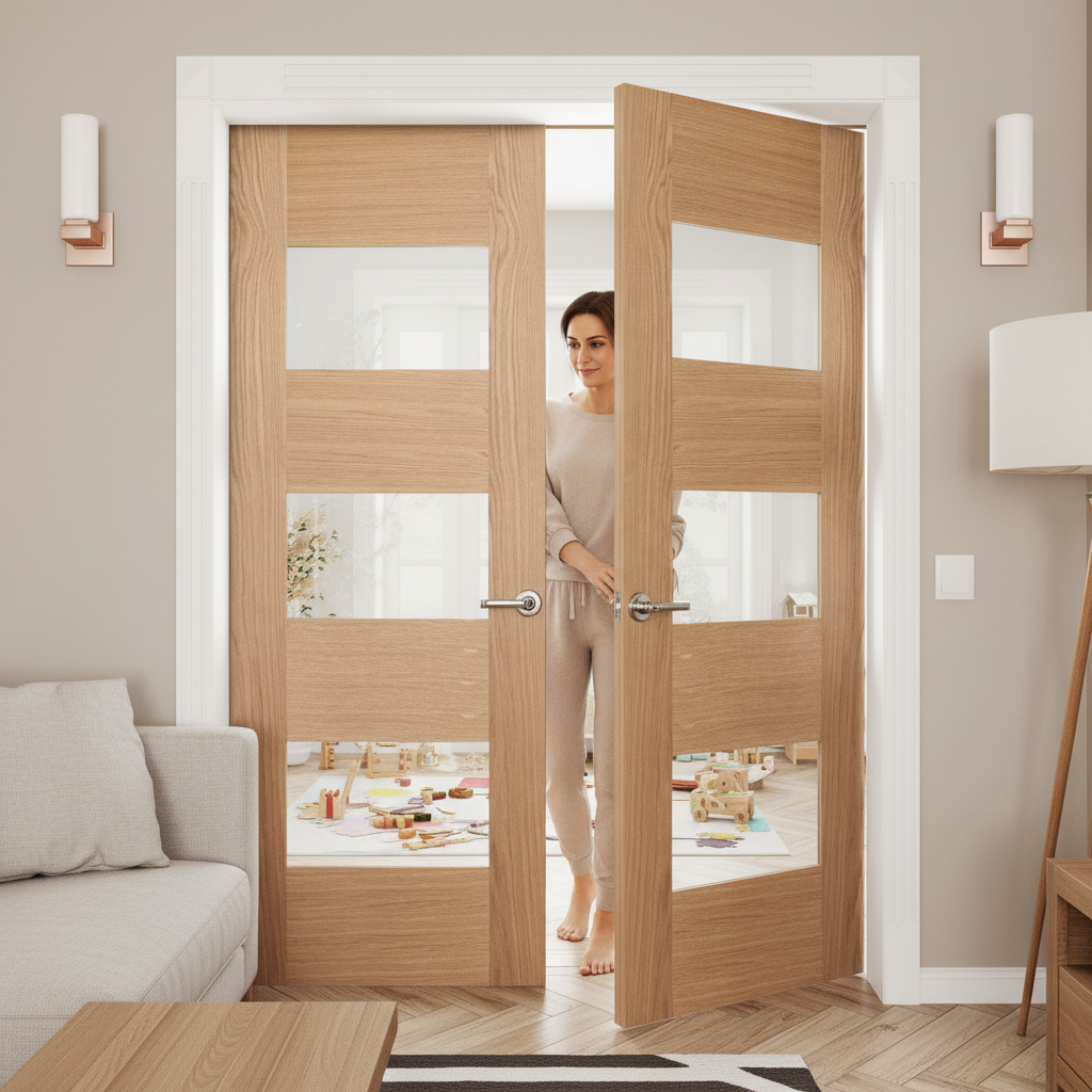 Premium Internal Oak Fully Finished Glazed Pair Door with Three Clear Glass Lights and Seamless Installation Features - Image 2