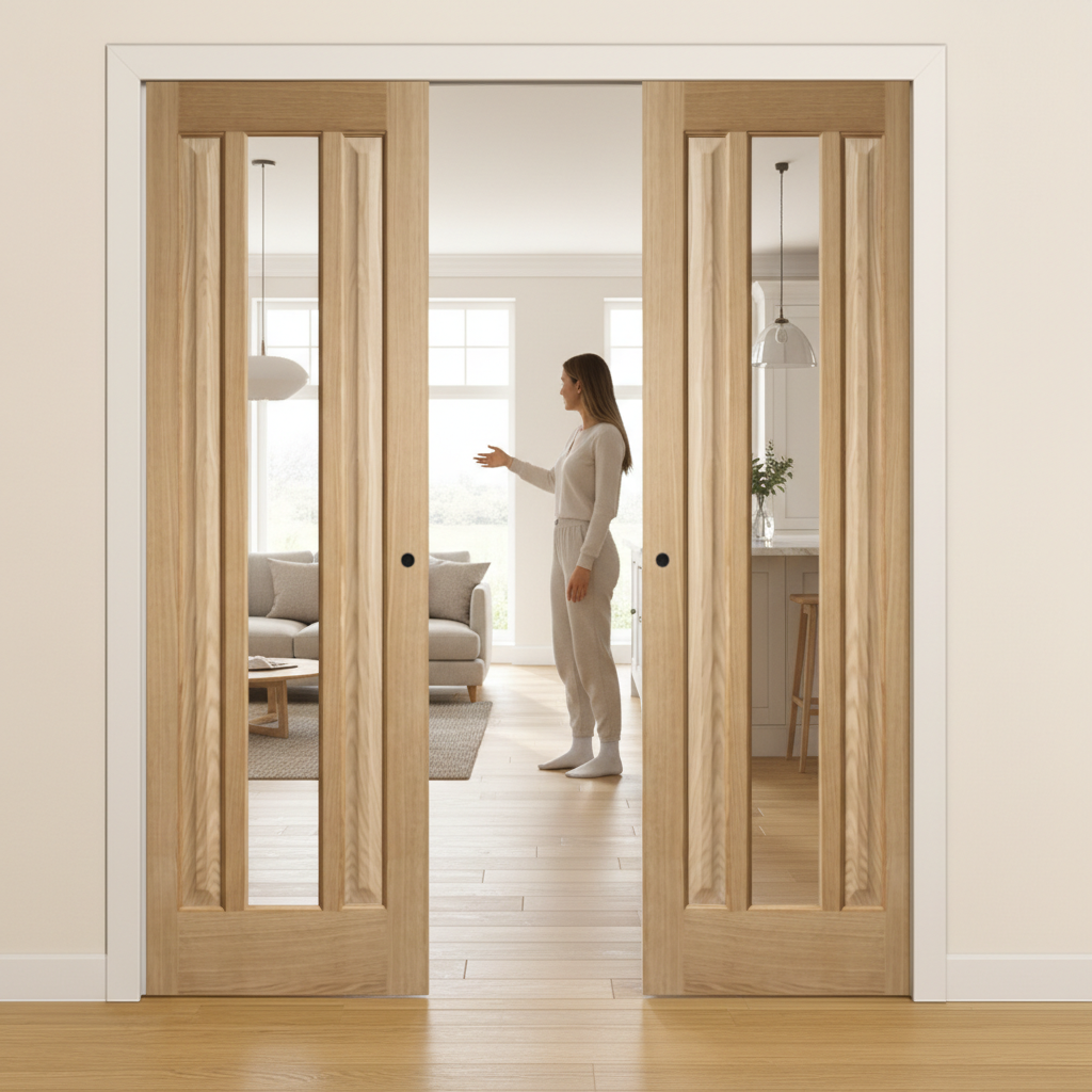 Premium Clear Glazed Double Pocket Door Set with Oak Finish and Galvanised Steel Frame for Seamless Interior Design