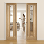Premium Clear Glazed Double Pocket Door Set with Oak Finish and Galvanised Steel Frame for Seamless Interior Design