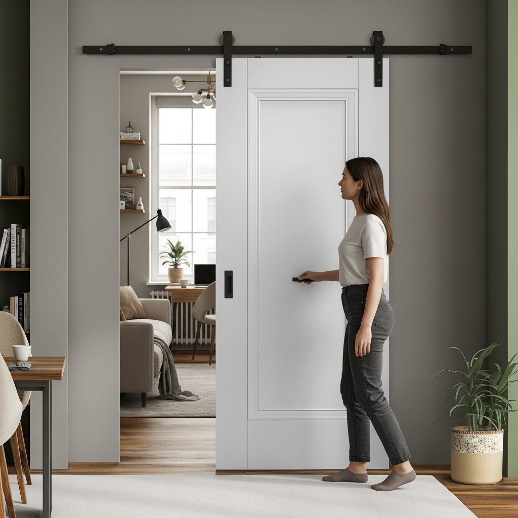 White Internal Primed Elegance Lancaster 1 Panel Sliding Door with Black Steel Track for Modern Home Design - Image 2