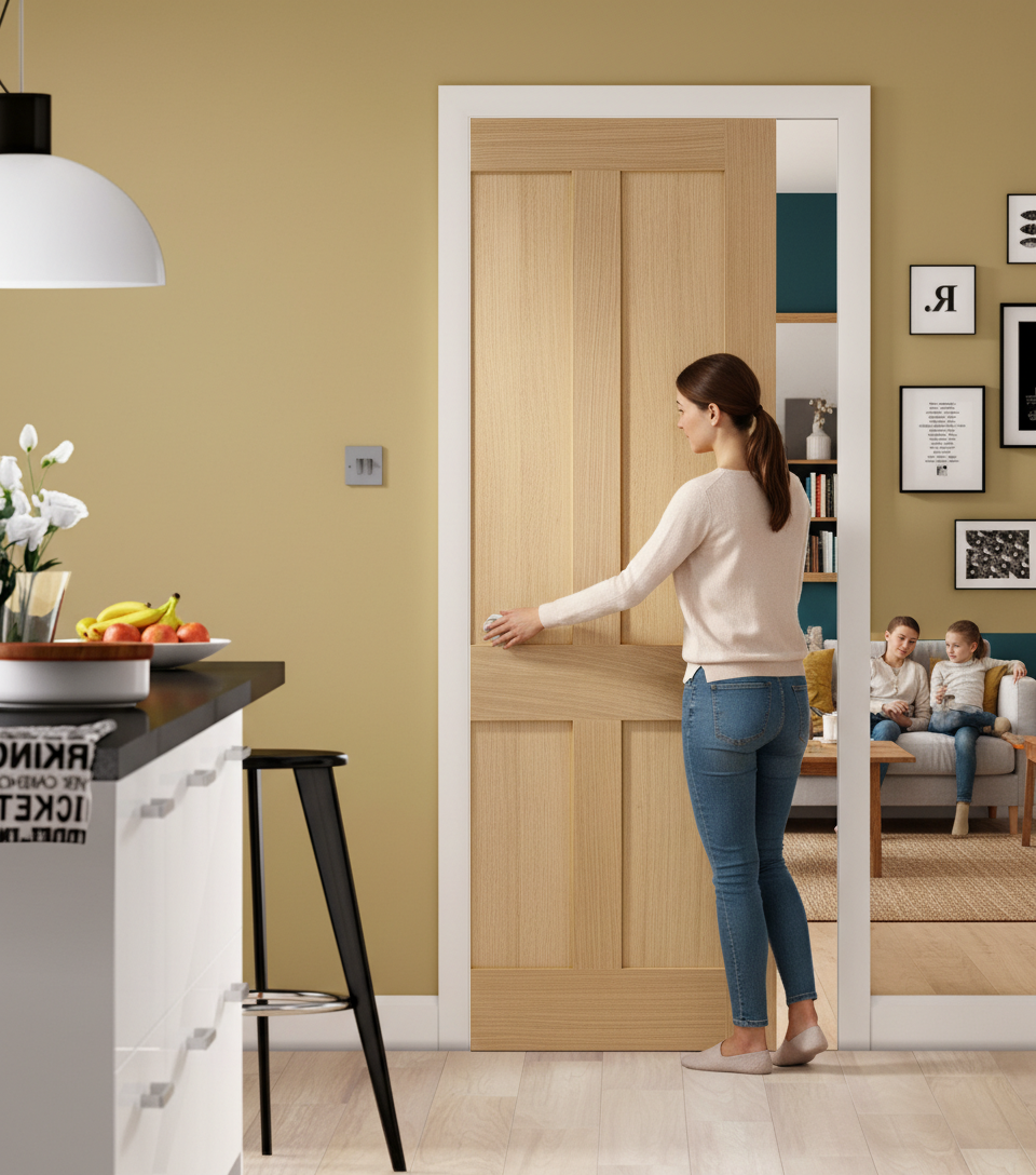 Premium Fire Rated Pocket Door System with Oak Shaker Door and Steel Frame for Seamless Interior Design