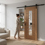Internal Unfinished Oak Sliding Door with Clear Glass and Black Steel Track for Modern Spaces - Image 2