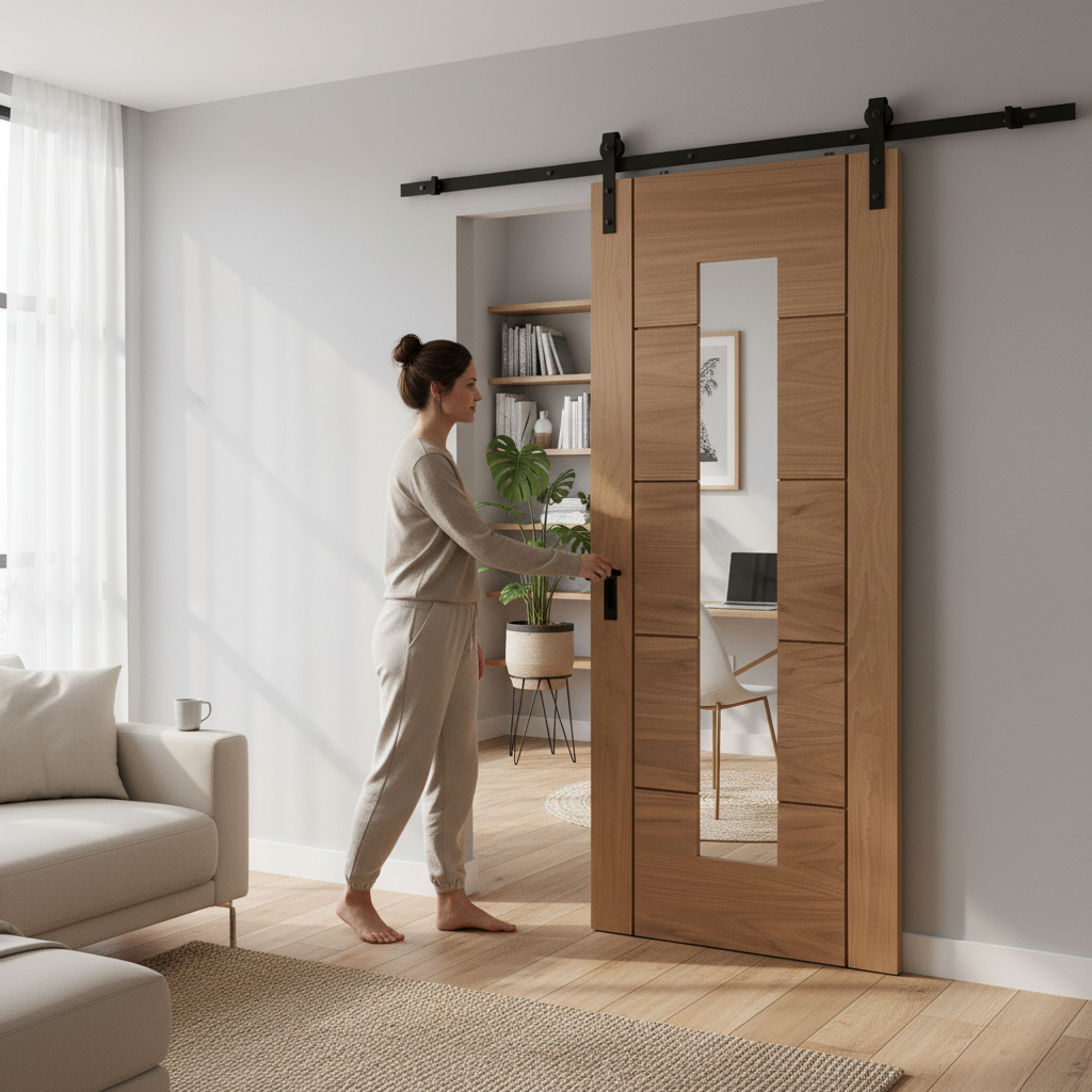 Internal Unfinished Oak Sliding Door with Clear Glass and Black Steel Track for Modern Spaces - Image 2