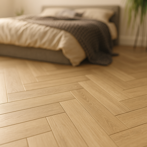 Herringbone Rigid Core LVT Flooring in 5mm Embossed Oak Finish - detail view