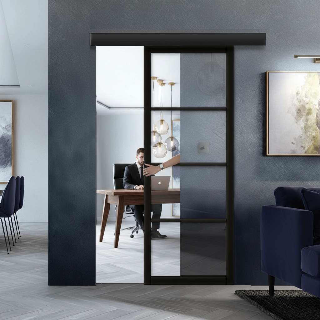 Premium Clear Glazed Wall Mounted Sliding Door with 2m Track and Wooden Pelmet for Modern Interiors