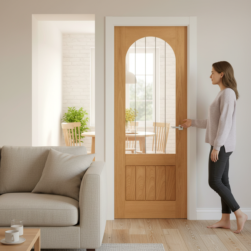 Premium Internal Finished Arched Square Top Door with 1 Light Obscure Lined Clear Glass - Durable Oak Construction for Elegant Interiors