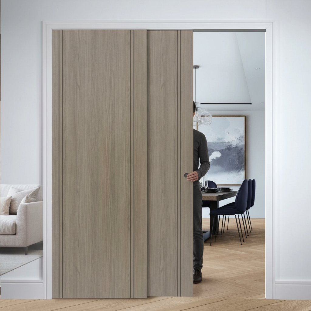 Premium Light Grey Laminate Telescopic Pocket Door System with Full Wooden Jamb Kit and Maintenance-Free Track